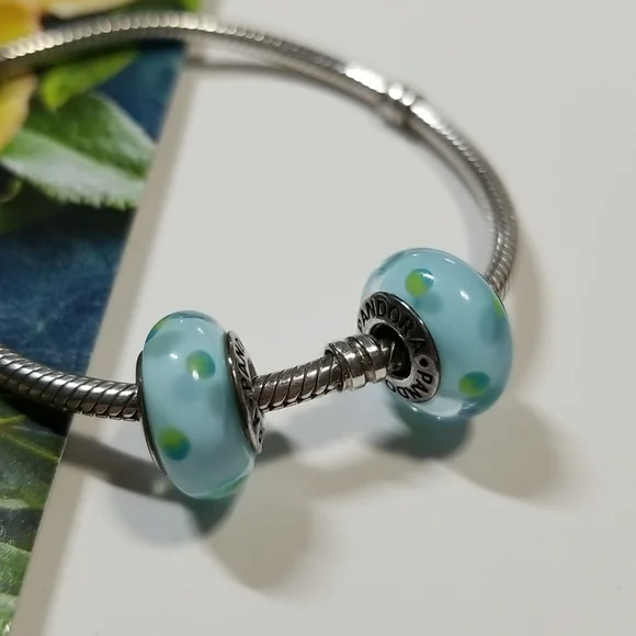 Pandora Teal Polka Dot Murano Glass Beads x 2 - Picture 2 of 5